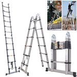 Telescopic Folding Ladder 1.9M+1.9M Multi Purpose Collapsible Concertina Loft Ladders, Stainless Steel A-Frame Ladder Heavy Duty Sturdy Straight Ladders, Maximum Height 12.5FT/ 3.8M