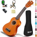iECO Soprano Ukulele Beginner Kit for Kids Adults 21 Inch Ukelele w/Case Strap Tuner Strings Picks (Honey)