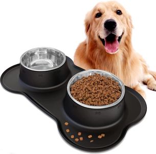 Miaomitun Dog Bowls Stainless Steel Water and Food Puppy Cat Bowls with Non Spill Skid Resistant Silicone Mat，Four Sizes for Small Medium Large Dogs Cats Pets (Black, M)
