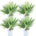 Tigeen 4 Pack 16 Inch Small Artificial Plant, Faux Plant Plants, Fake Potted Tropical Desk Plant with White Plastic Pots, for Indoor Home Office Decoration Housewarming Gift (Palm)