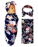 RATIVE 4-Way Direction Stretch Fabric Baby Swaddle Receiving Blankets with Headband for Unisex Newborn Baby Boy Girl (Floral(Blanket+Headband))