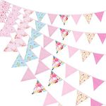 33Ft Floral Triangle Flags, Vintage Bright Triangle Pennants, Bunting Garland Fabric Banner for Birthday Wedding Garden Baby Shower Wonderland Tea Party Bedroom Decor Outdoor Home (Pink Floral)