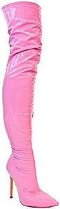 Liliana DB54 Women Suede Pointy Toe Thigh High Single Sole Stiletto Boot (Pink PAT G7A, numeric_10)