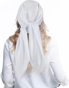 Andibro Pañuelo cuadrado grande de satén de 35 pulgadas, seda brillante de color sólido, pañuelos para la cabeza para dormir para mujer, bandana para el cabello, Blanco, Talla única