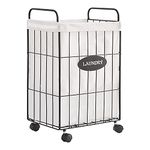 Mxfurhawa Iron Wire Laundry Hamper With Rolling Lockable Wheels, Folding Laundry Storage Basket with Handles,Liner, Collapsible Dirty Laundry Hamper Cart Sorter Clothes Basket (White with wheels)