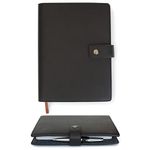 Black Full Grain Premium Leather Refillable Journal Cover with A5 Lined Notebook, Pen Loop, Card Slots, Brass Snap by Case Elegance