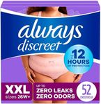 Always Discreet Adult Incontinence Underwear for Women and Postpartum Underwear, XXL, Up to 100%* Bladder Leak Protection, 52 CT,