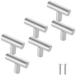 Cjueiom 6 Pack Brushed Nickel Cupboard Knobs 50mm Length T Bar Handles, Stainless Steel Drawer Knobs Silver Cupboard Pull Handles, Wardrobe Door Knobs Kitchen Cabinet Knobs for Bedroom Drawer Closet