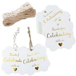 joycraft 100Pcs Thank You for Celebrating with US Tags, Square Gold Foil Tags with String, White Paper Hang Tags, Personalized Gift Wrapping Tags for Christmas, Wedding, Baby Shower, Thanksgiving (2")