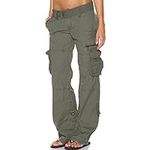 Cargo Trousers Women UK Loose Cargo Pants with Pockets Baggy High Waist Y2K Straight Casual Wide Leg Parachute Pants 90s Fashion Aesthetic Jogger Bottoms Drawstring Hippie Punk Trousers Ladies Gray