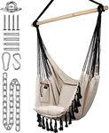 KOMOREBI Hammock Chair | Hanging Rope Swing for Indoor & Outdoor | Soft & Durable Cotton Canvas | 2 Cushions Included | Large Macrame Hanging Chair with Pocket for Bedroom, Patio, Porch (Ivory/Black)