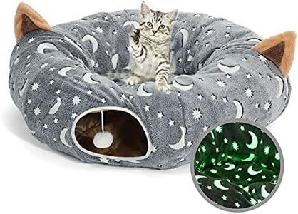 LUCKITTY Cat Tunnel Bed Tube with Cushion and Plush Ball Toy Playground Crinkle Collapsible Self-Luminous Flannel Fabric 3FT for Large Cats Kittens Kitty Small Animals Puppy Grey Moon Star