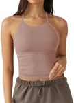 LASLULU Womens High Neck Longline Sports Bra Adjustable Straps Sleeveless Workout Crop Tank Top with Built in Bra Fall Outfits 2024(Sienna Small)