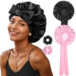 PAEFIU 2 Pcs Silk Bonnet, Satin Bonnet Hair Wrap for Sleeping with 2 Scrunchies Soft Comfortable Night Cap for Curly Straight Natural Hair Women Girls (Black, Pink)
