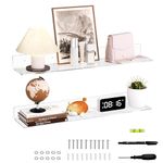 Sezanrpt 30 Inches Clear Long Floating Shelves for Wall, Acrylic Wall Shelf for Plants, Radio, Funko Pop, Books, Picture Frame, Clock, Cosmetics, Toiletries, 2 Pack(30 Inch)