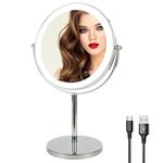 8" Lighted Makeup Mirror with Magnification, 1X/10X Magnifying Mirror with Light, Double Sided 360° Cordless Rechargeable, 3 Colors Brightness Adjustable Makeup Mirror with Lights with 52 LED(Silver)