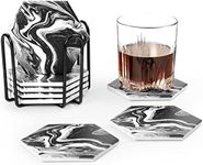 ARILEO Coasters for Drinks, Black Marble Ceramic Hexagon Coaster Set with Metal Holder, Set of 8 Absorbent Cup Place Mats for Home Decor