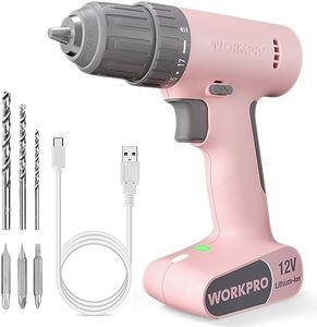 WORKPRO Pink Cordless Drill Driver Set, 12V Electric Power Drill Tool Kit with 6 Pcs Bits, 3/8-Inch Keyless Chuck, Variable Speed, 18 Touque Setting, Type-C Charge Cable, Led Light, Pink Ribbon