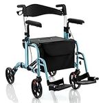 Goplus 2 in 1 Folding Rollator Walker, 4 Wheel Medical Rolling Walker with Seat, Backrest, Height-Adjustable Handle, Heavy Duty Aluminum Transport Chair Mobility Walking Aid for Seniors Adults (Blue)