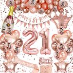 21st Birthday Decorations For Her, Rose Gold Birthday Decoration, Birthday Party Decorations Set With Rose Gold Balloons, Happy Birthday Banner, Champagne Balloon，Triangle Flag Banner