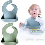 Moonkie Baby Bibs, 2Pcs Silicone Feeding Bibs for Babies and Toddlers, Waterproof weaning bib, BPA Free Soft Adjustable Wide Food Crumb Catcher Pocket(Ether/Sage)…