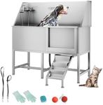 50" Pet Dog Bathing Station, Stainless Steel Dog Bathtub W/Ramp, Floor Grate, Dog Bath Brush, Washing Gloves for Home, Professional Dog Washing Station for Pets (50 Inch Left Door)