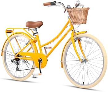 Glerc 26 Inch Beach Cruiser Bike, 6-Speed Hybrid City Bicycle for Girls Youth and Over 6 Years Old, Missy Bike with Wicker Basket & Lightweight, Yellow