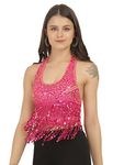 The Dance Bible Belly Dance Sequin Bra Tassel Halter Top for Girls and Women | Belly Dancing Costume, Fancy Dress Costume, Stage Performance Wear, Bollywood Outfit (Rose Pink)
