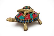 MOZO HUB Brass Antique Multi Color Stone Studded fengshui Turtle with Turtle Baby 13 cm