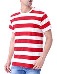 Funny World Men's Wide Striped Basic T-Shirts (L, Red/White)