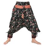 Siamrose Japanese Style Samurai Harem Pants Men Women Yoga Ninja Pants Handmade from Cotton, Black Fish Pattern, One Size