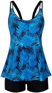 Arolina Tankini Swimsuits for Women Tummy Control High Waisted Bathing Suit Swimwear Blue Leaves Plus Size 24W