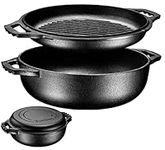 Bruntmor 2-in-1 Pre-Seasoned Cast Iron Dutch Oven with dual handles, Cocotte Double Braiser Pan with Grill Lid 3.3 Quarts - BBQ Grill, Fryer - Outdoor Cookware Set with Dual Handles, Camping,- Black