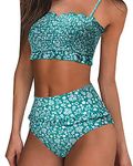 MOOSLOVER Women's Shirred Bandeau Bikini Top High Waisted Bottom 2 Piece Swimsuits Bikini Set(M,Flower-2)