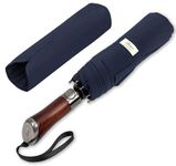 Balios (Designed in UK) Travel Folding Umbrella Lux Hardwood Handle Auto Open & Close Windproof Single Canopy (Dark Navy)