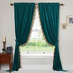 StangH Velvet Curtains 96 inches Long - Peacock Pom Pom Curtains Luxury Home Decoration for Room Dividers Blackout Heat Faded Door Curtains for Villa/Apartment, Teal, W52 x L96, 2 Panels & Tiebacks