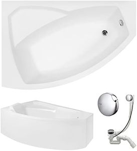 VBChome Badewanne 140x90 cm Acryl SET Schürze Siphon Wanne Ecke Eckbadewanne Weiß Design Modern Ablaufgarnitur Wanne links Schürze Ablaufgarnitur Füße