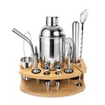 Cocktail Shaker Set with Stand for Home Bar,750 Ml Stainless Steel Drink Shaker,Jigger,Wine Stoppers,Wine Pourers,Pestle,Spoon,Cocktail Strainer,Ice Tongs,Corkscrew,Straws.