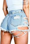 Susupeng Women Summer Irregular Waist Jean Shorts with Pockets Frayed Ripped Holes Cute Sexy Hot Mini Denim Shorts, Light Blue, Medium