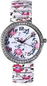 STRADA Crystal Japanese Movement Water Bangle Watch with Dark White Background Red Flower Pattern Stainless Steel Strap and Back Wrist Classic Jewelry Fashion Accessories Timer Birthday Gifts