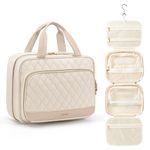 MDODO Travel Toiletry Makeup Bag for Women, Hanging Makeup Organizer Cosmetic Make up Bag for Full Sized Toiletries Travel Essentials for Women, Shampoo, Container (Beige)