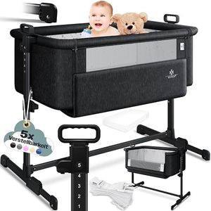 KESSER® Cama supletoria Hubi 3en1, colecho para bebé con colchón Blando, Cuna - con Ruedas, Ajuste de Altura en 5 Posiciones, Panel Lateral Plegable, para en casa y de Viaje, Negro