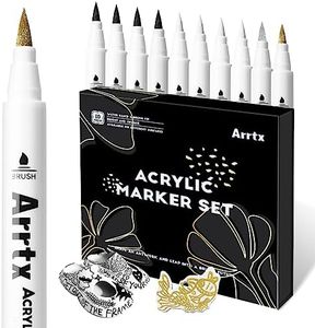 Arrtx Acrylic Paint Pens, 10 Pack Extra Brush Tip White Paint Markers Metallic for Rock Fabric Wood Glass Canvas Ceramic, 4 White 4 Black 1 Gold & 1 Silver, Water Based Ink, DIY Crafts