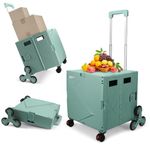 Foldable Utility Cart, Shopping Trolley Box with Stair Climber Wheels, Folding Box Cart with Adjustable Handle, Grocery Storage Box with Seat, 80KG/55L for Teachers, Office, Shopping, Home-Deep Green