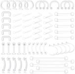 D.Bella 65pcs Mix Style Clear Piercing Retainer Flexible Lip Ear Nose Septum Eyebrow Nipple Tongue Rings Cartilage Tragus Earrings Retainer Bioflex Horseshoe Hoop Industrial Barbell, Bioflex, plastic