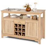 TANGZON Storage Cabinet, Wooden Kitchen Sideboard with Removable 9-Bottle Wine Rack, Drawer, Adjustable Shelves & 5 Legs, Floor Standing Console Table Buffet Cupboard for Dining Living Room (Natural)