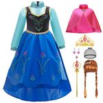 ZaisuiFun Anna Costume for Girls Princess Fancy Dress up with Wig Outfit Kids Birthday Party Carnival Cosplay, 6-7 Years(Label 140)