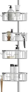 Zenna Home NeverRust Aluminum Tension Pole Shower Caddy, 4 Basket Shelves, Adjustable, 60 to 97 Inch, Satin Chrome
