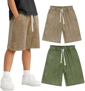 Yimoon 2 Pack Boys Athletic Shorts Acid Wash Cotton Shorts Kids Summer Active Shorts with Pockets(KhakiArmy-9Y)