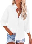 KISSMODA Womens Button Down Blouse Casual V Neck Long Sleeve Collared Shirts Business Office Plain Tops Fall Loose Blouses,White,X-Large